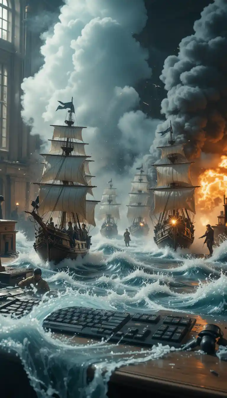 Bataille de navires pirates sur un bureau de bureau inondé
