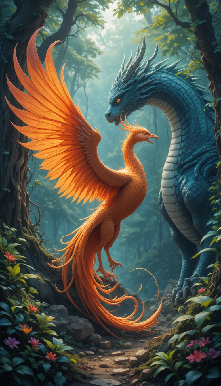 Phoenix and dragon meeting in a colorful fantasy forest