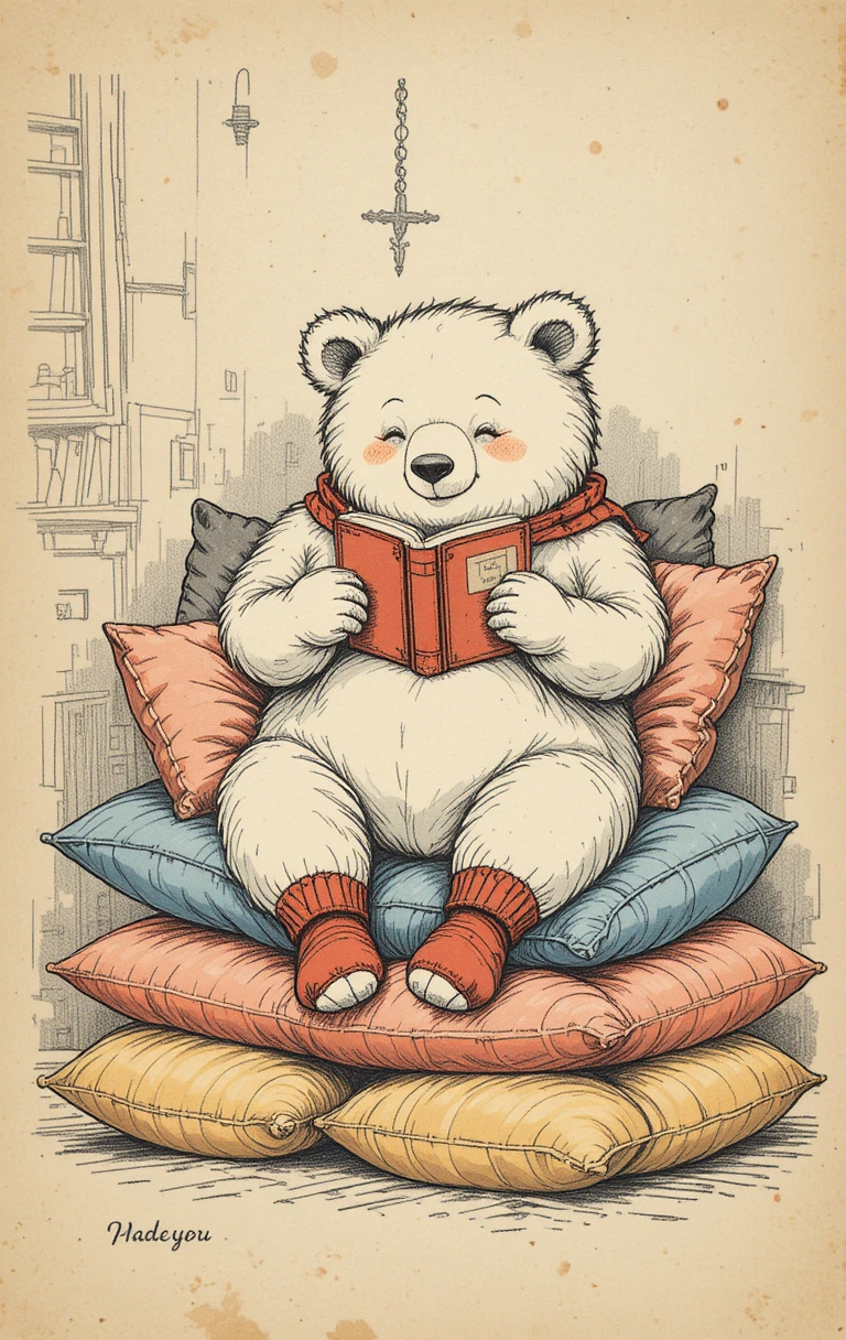 Orso coccoloso che legge un libro su cuscini colorati