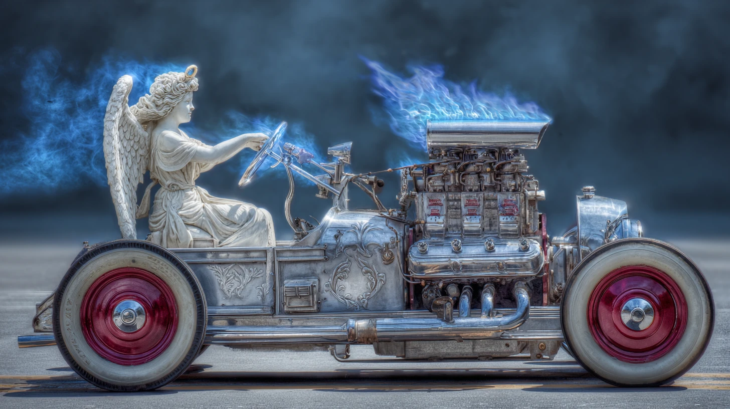 Motor V8 angelical com motorista anjo celestial na rodovia