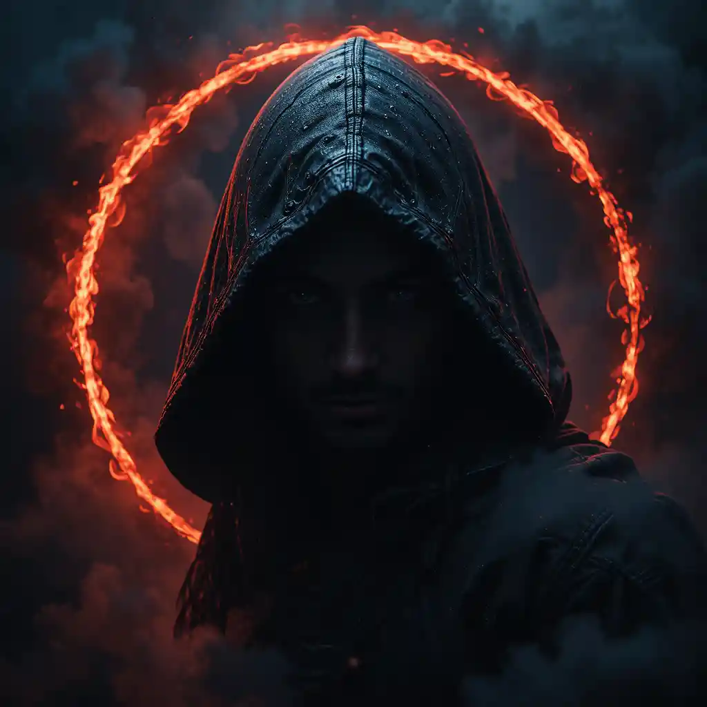 Asesino encapuchado frente a un eclipse parcial ardiente