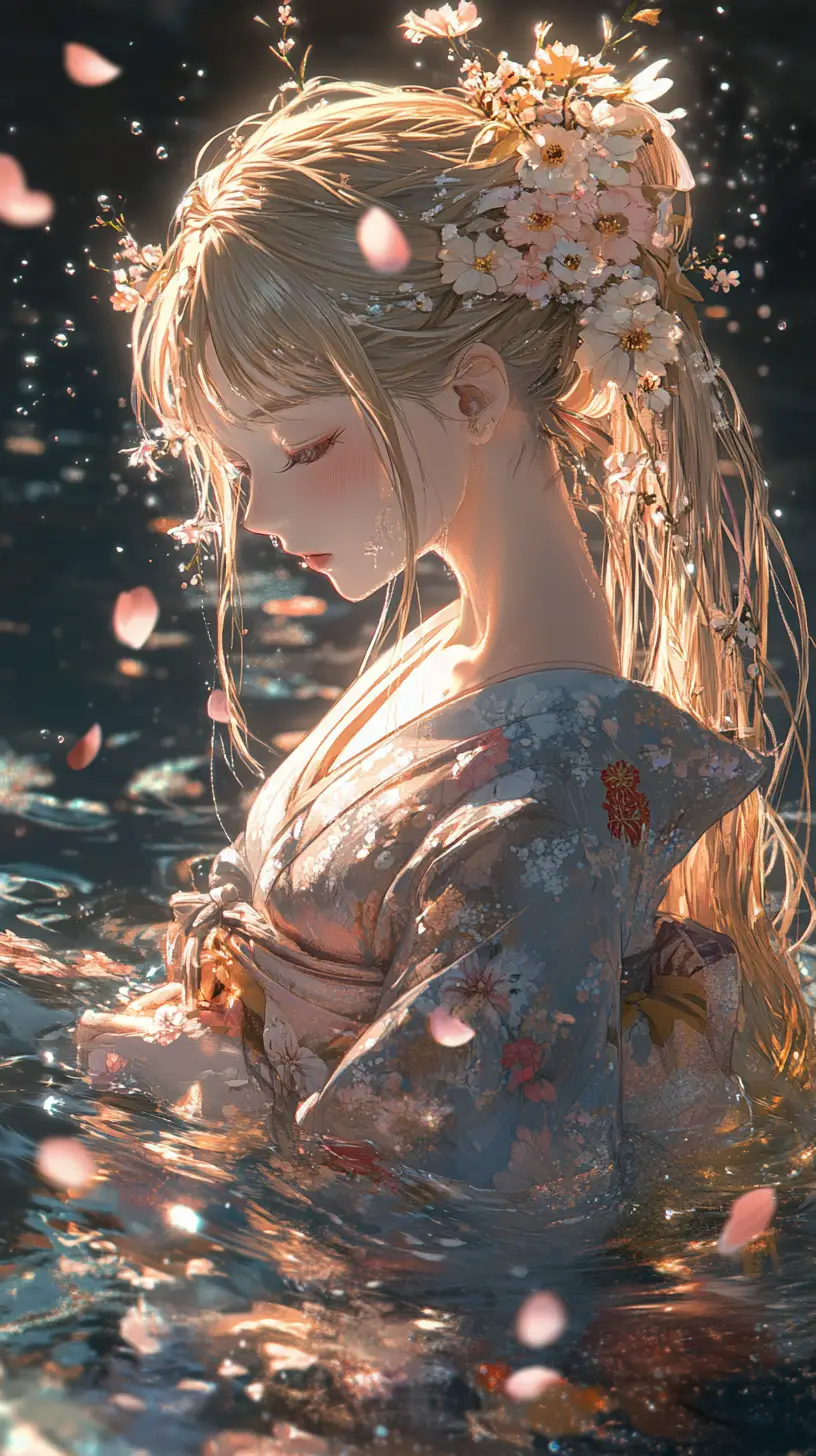 Fille d’anime mélancolique en kimono fleuri au-dessus d’une eau sombre