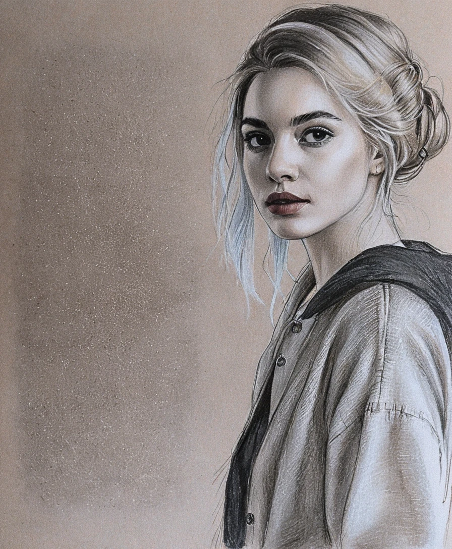 Charcoal portrait of a serene young woman on gray paper