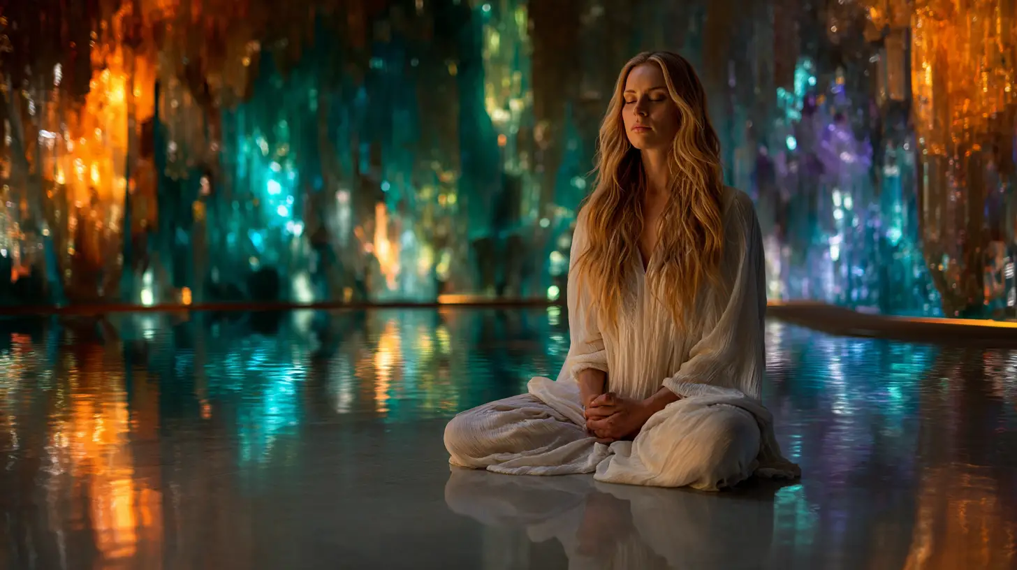 Meditating woman in glowing crystal cavern by an underground lake
