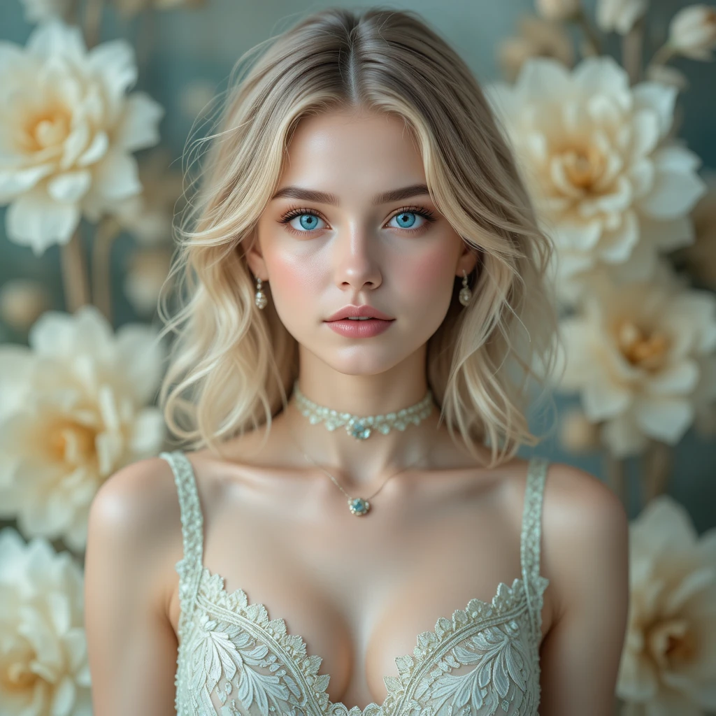 Ritratto etereo di ragazza bionda con sfondo bokeh floreale