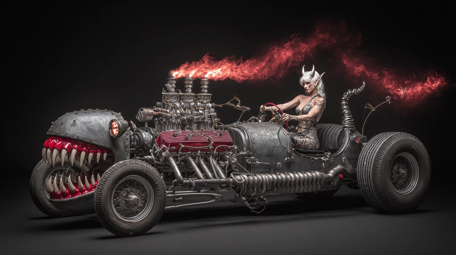 Demonic hot rod engine with possessed metal and flames