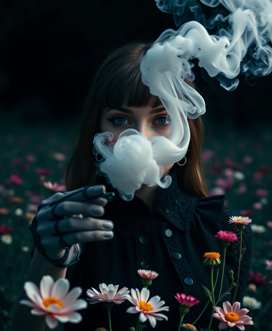 Gothic woman in a dreamy flower field with white smoke