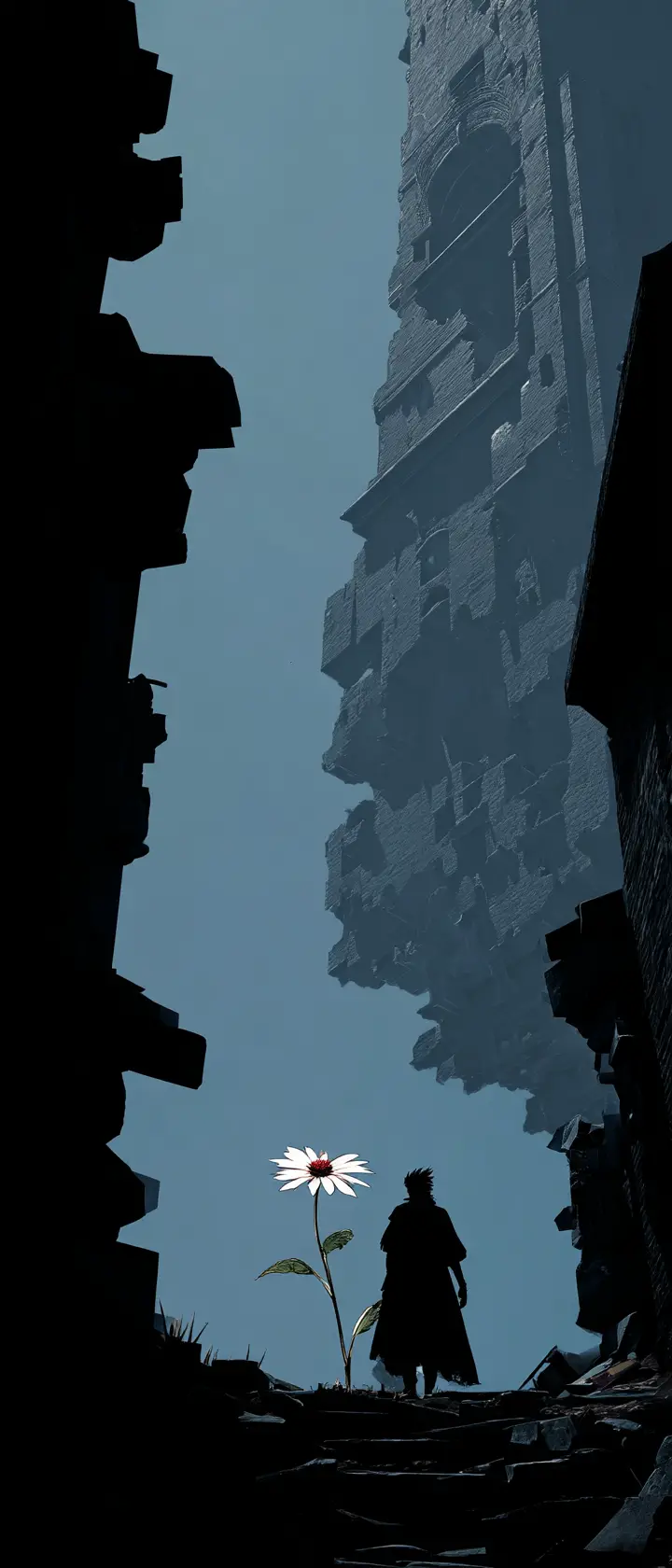 Silhouetted figure before collapsing tower and single blooming flower