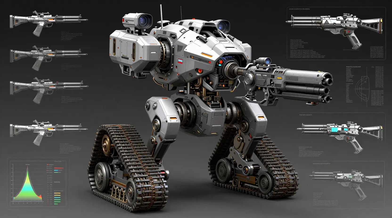 Futuristischer Urban-Warfare-Mech mit technischen Daten-Overlays