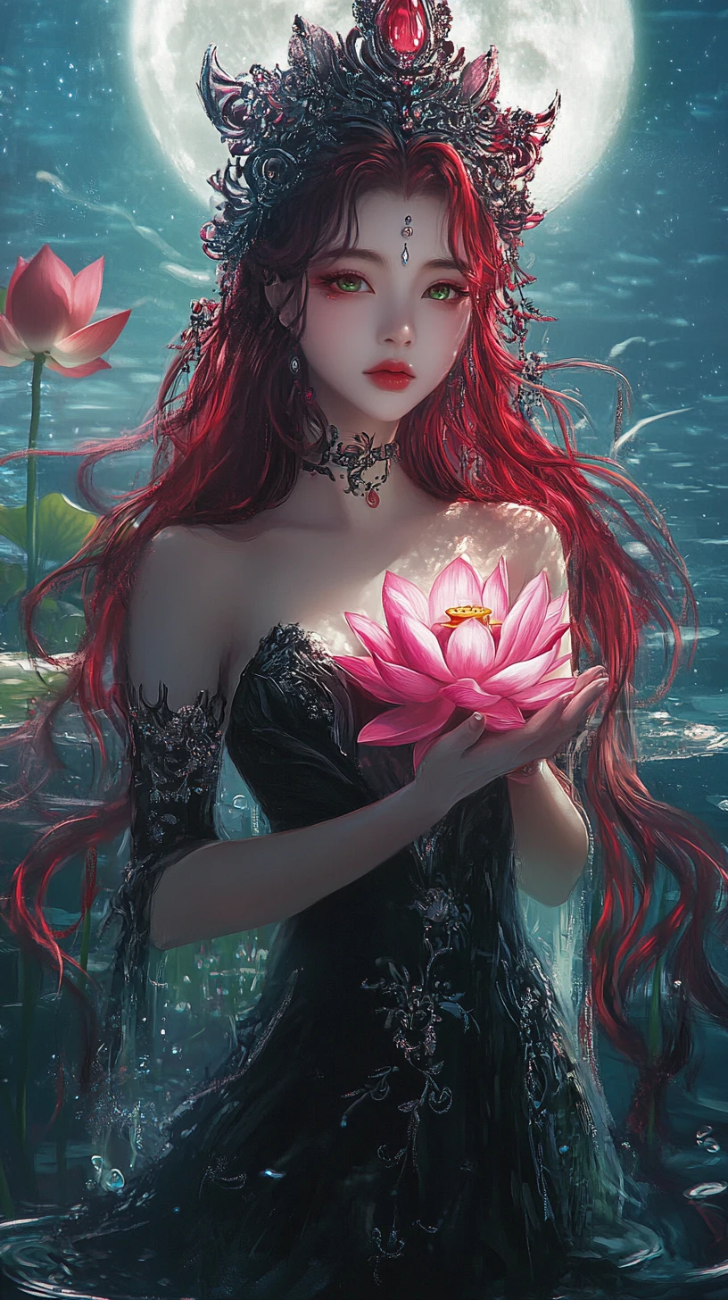 Fantasy woman with lotus in moonlit aquatic landscape