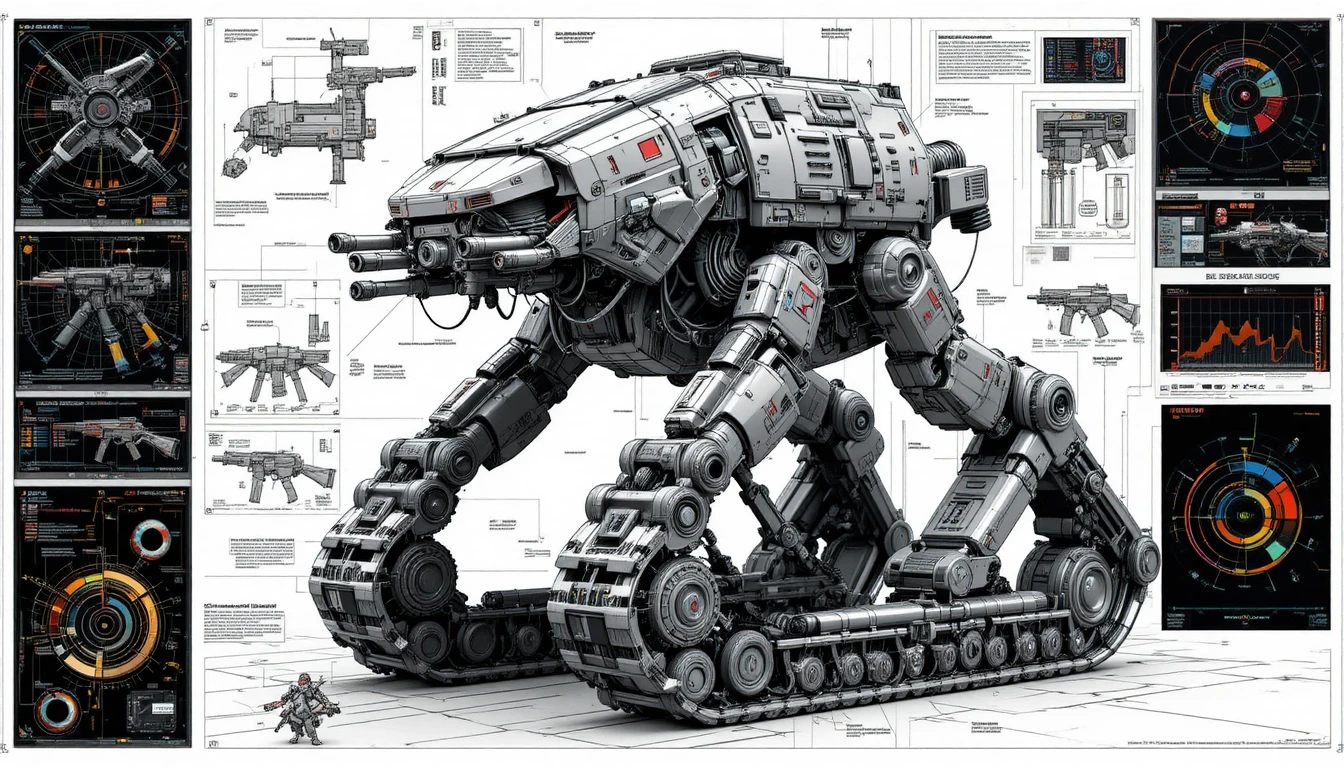 Futuristic Alien Walker Mech With Technical Data Displays