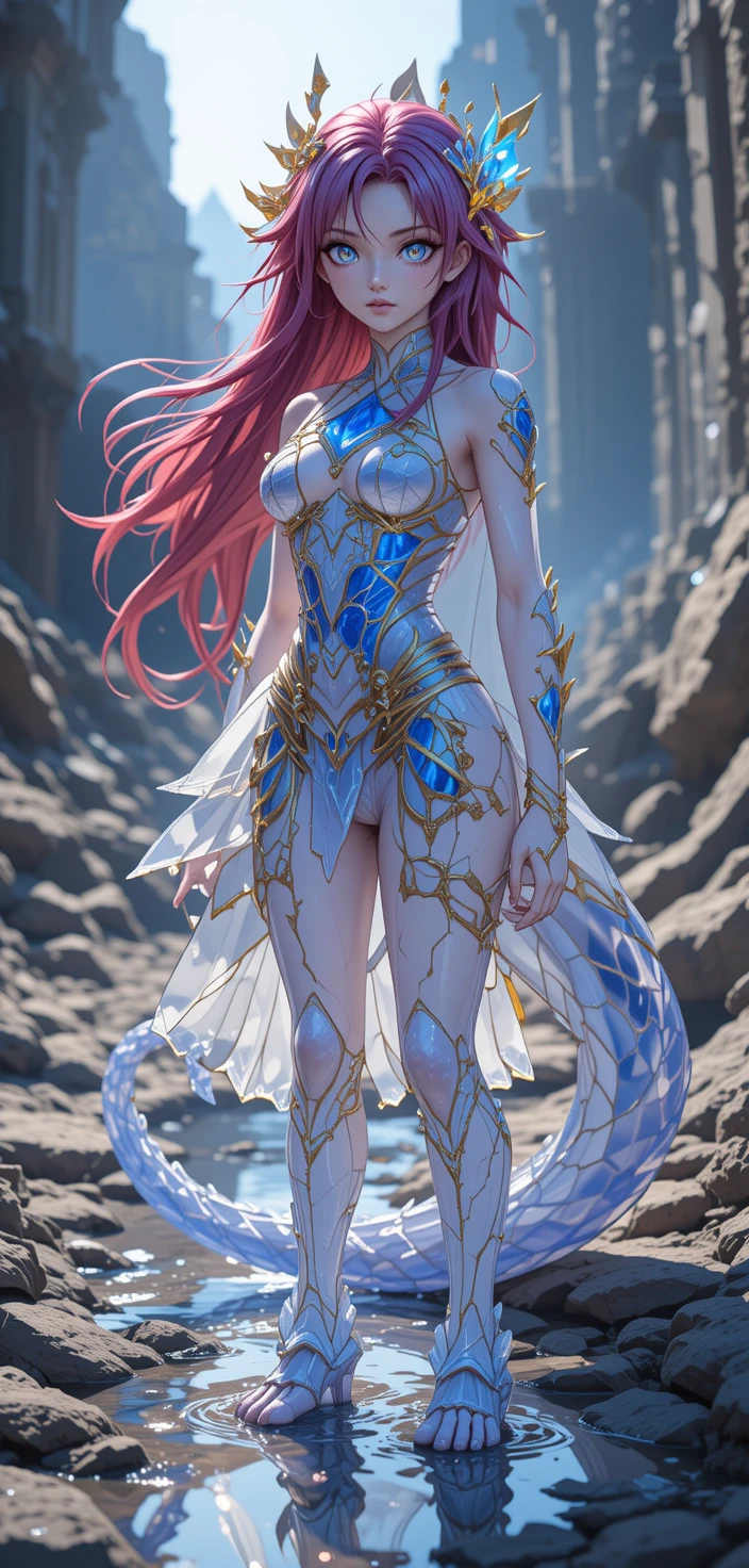 Anime warrior woman with glowing blue guild marks