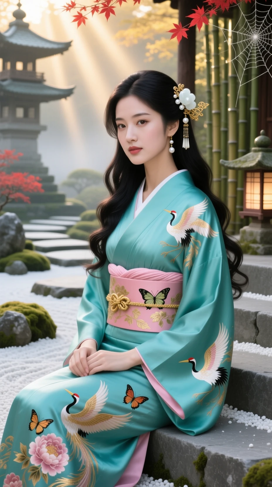 身穿土耳其藍和服的優雅年輕女子坐在石造寺廟階梯上
