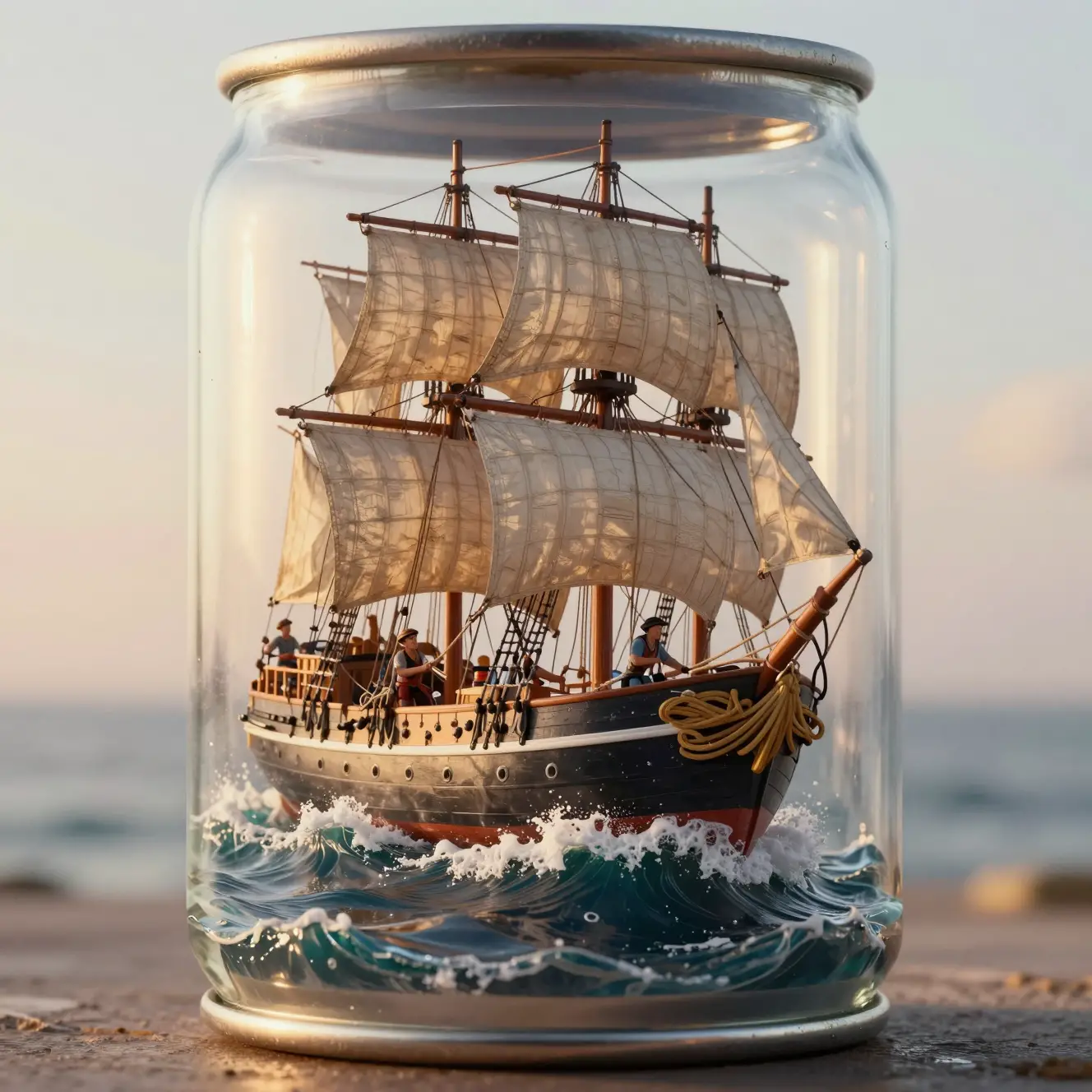 Majestic sailing ship floating inside a vintage soda can