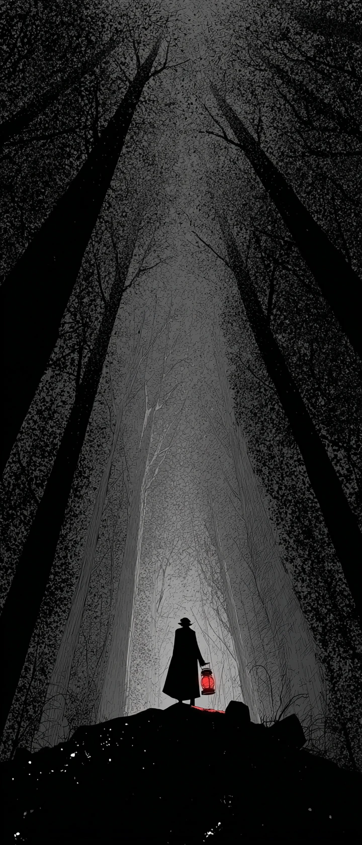 Shadowy figure with lantern in a dark forest night