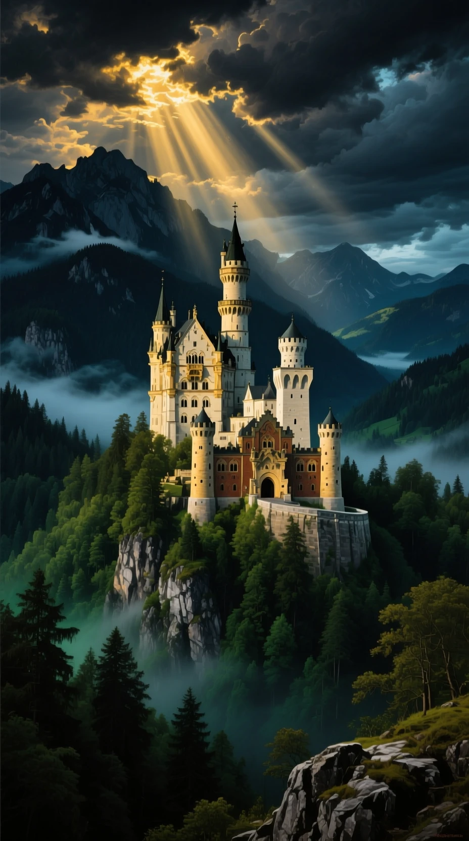 El castillo de Neuschwanstein elevándose sobre montañas alpinas brumosas