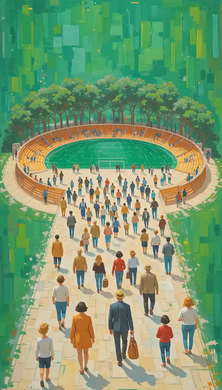 Folla colorata che cammina verso uno stadio lontano vista dall’alto
