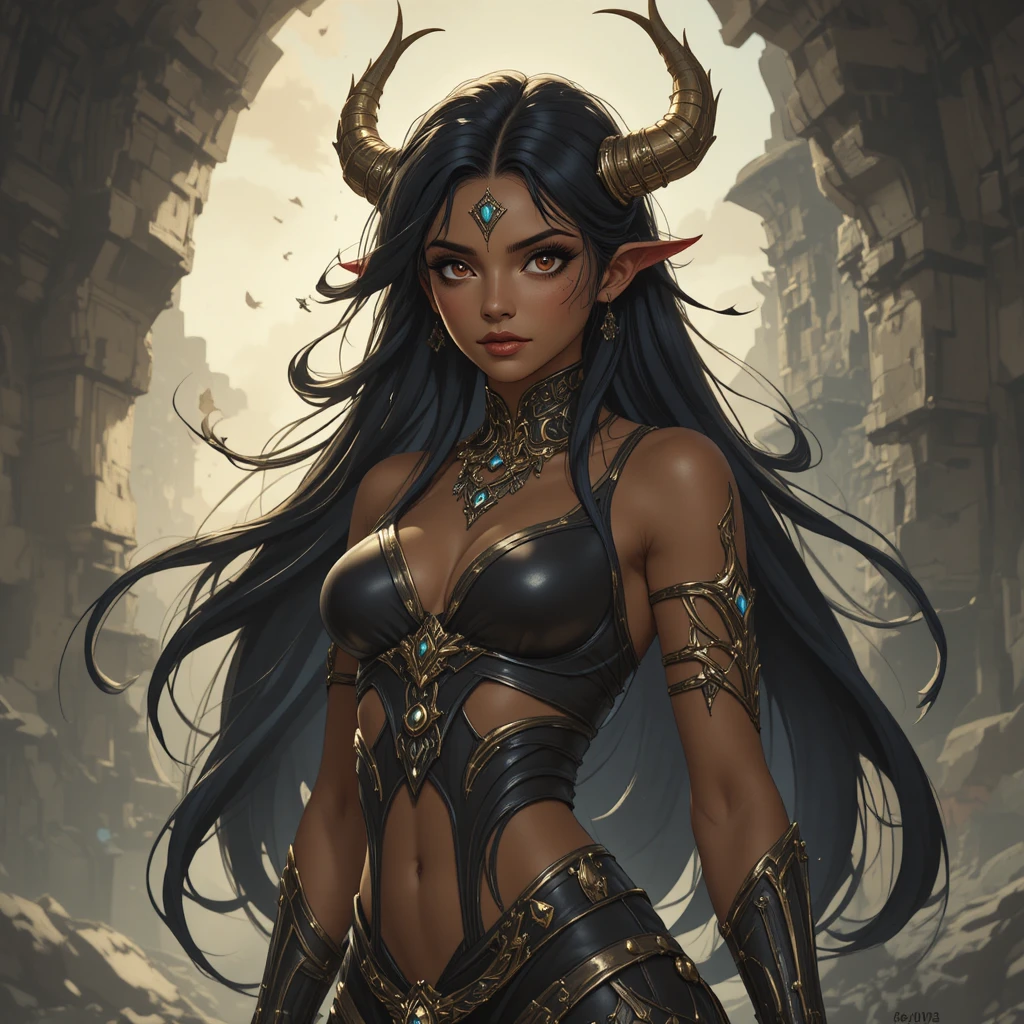 Dark eyed goddess of discord in a mystical fantasy realm