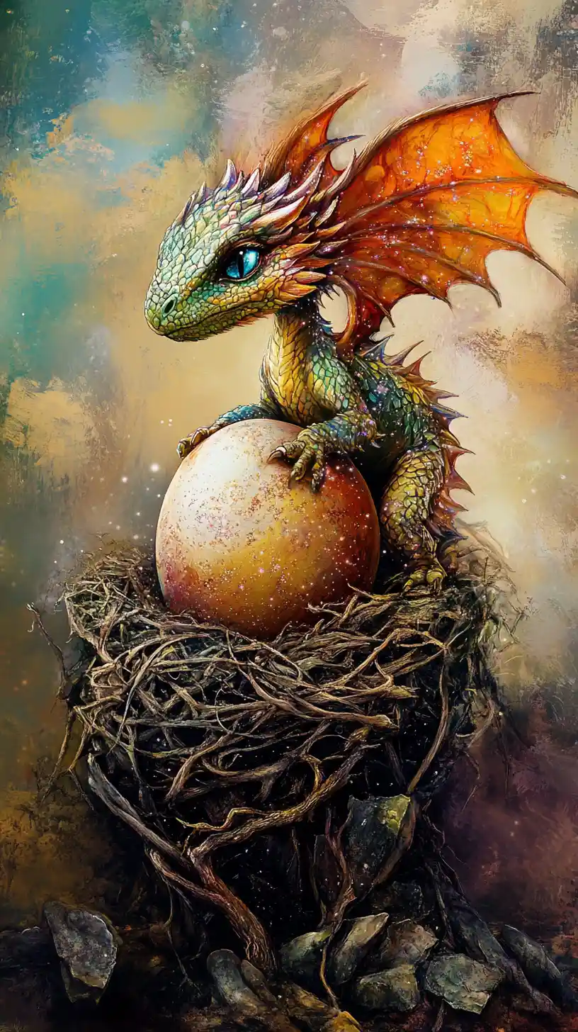 Surreal baby dragon hatching in a glowing fantasy nest