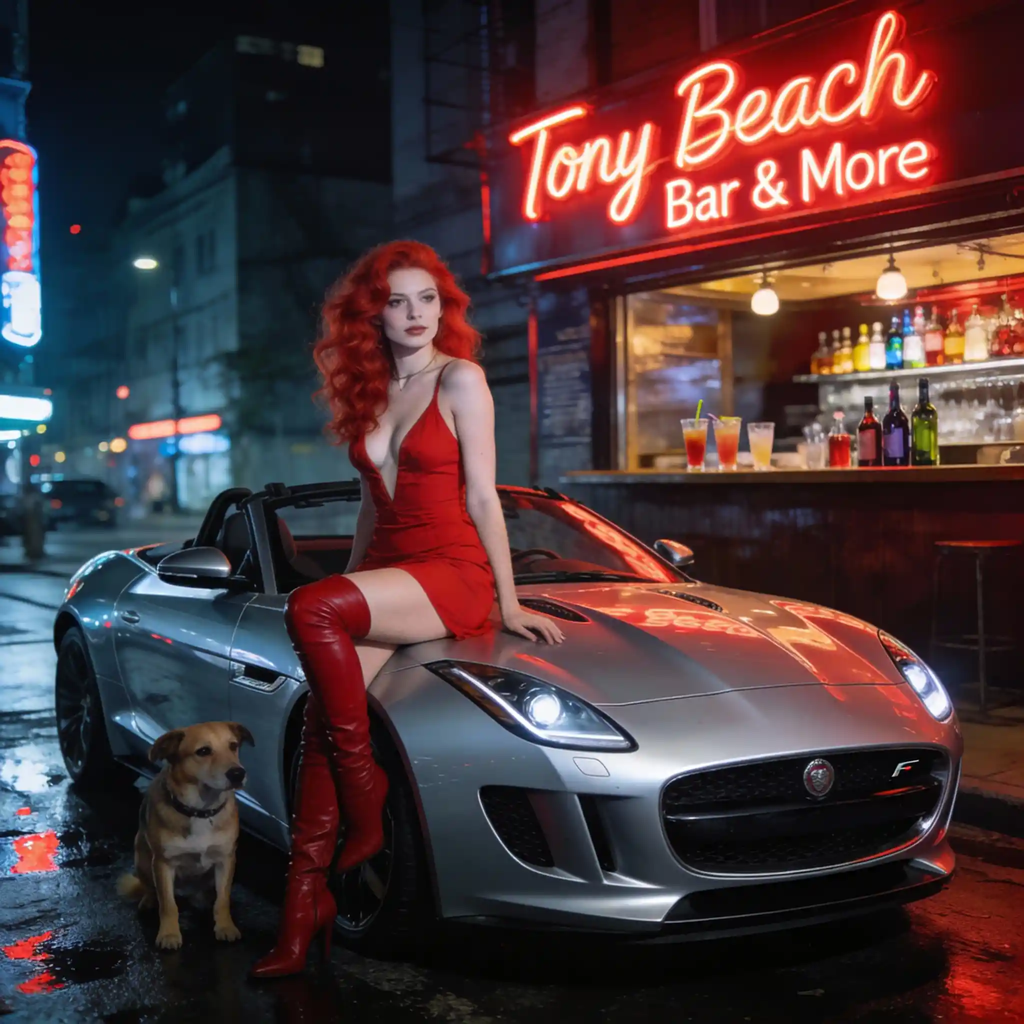 Femme rousse sur cabriolet argenté sous les néons d’un bar