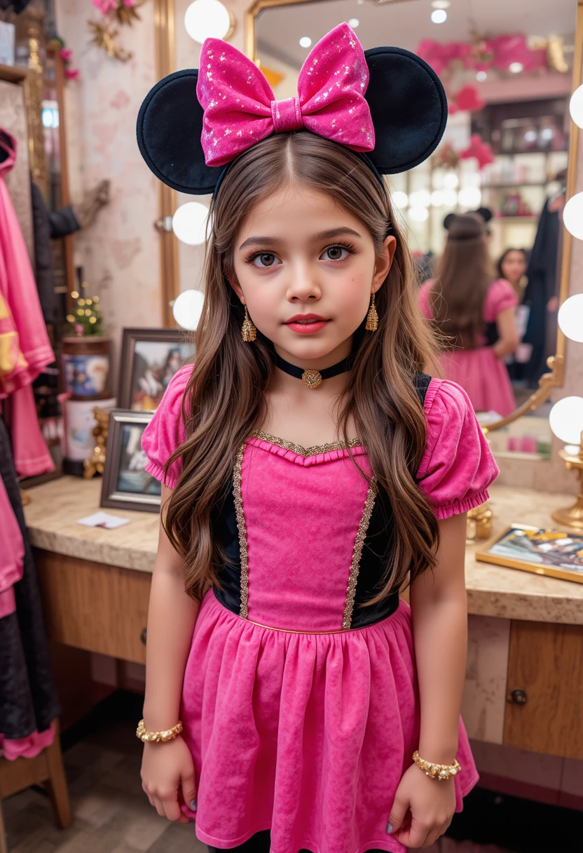 Girl in pink Minnie Mouse dress at boutique vanity