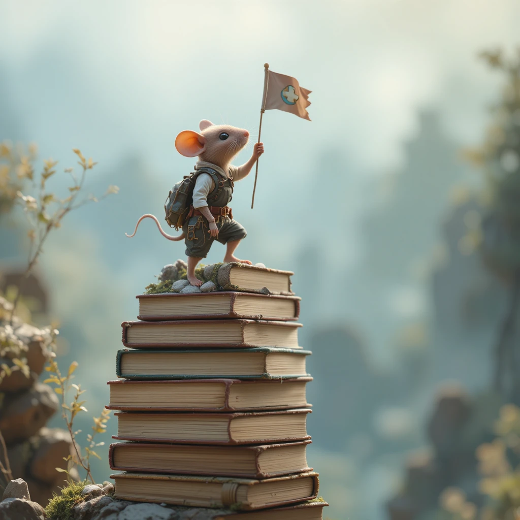 Winzige Klettermaus pflanzt eine Fahne auf einem hohen Bücherstapel