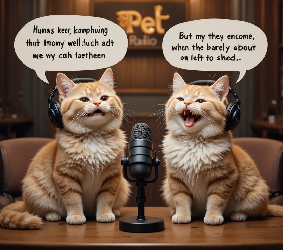 Two cats hosting a cozy late night radio show