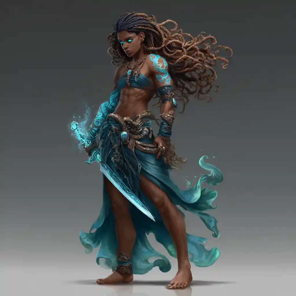 Dark ocean warlock woman with jeweled dagger and blue eyes