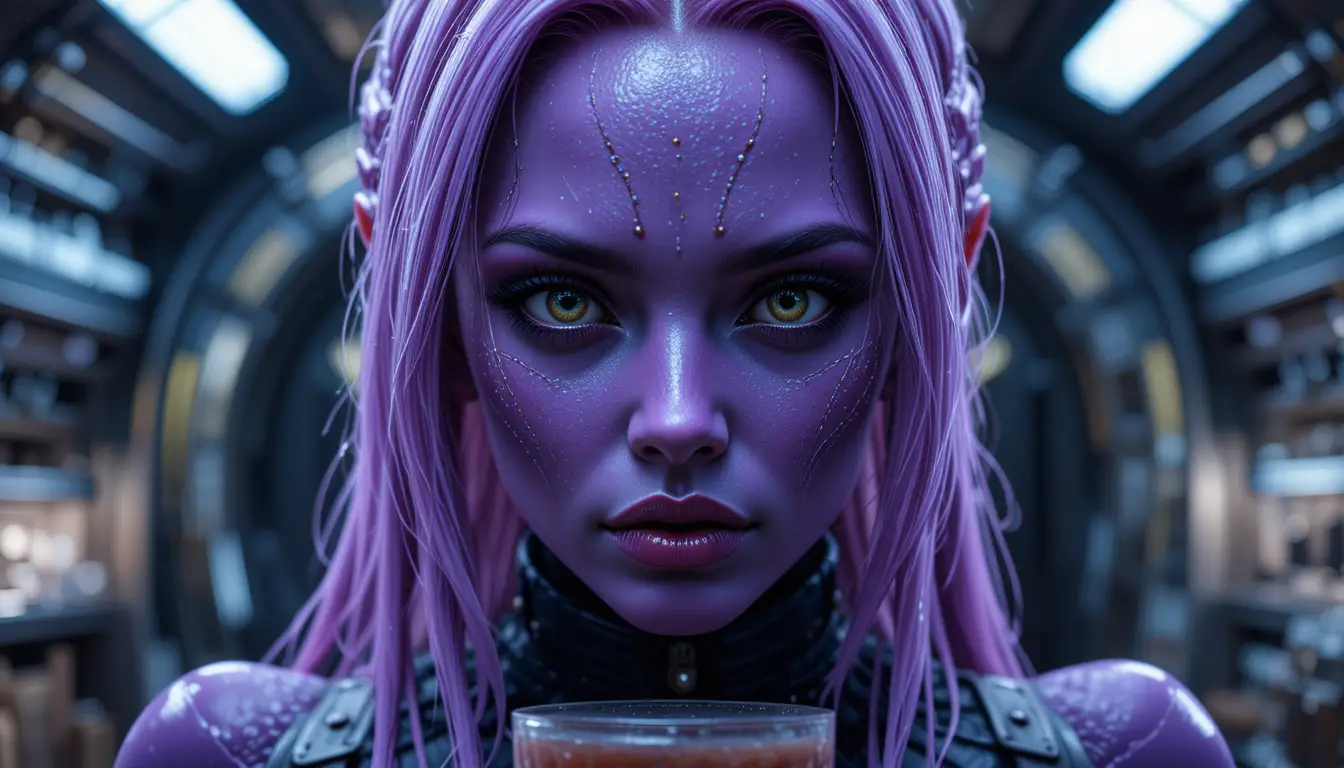 Purple alien woman in a spaceship kitchen close up portrait