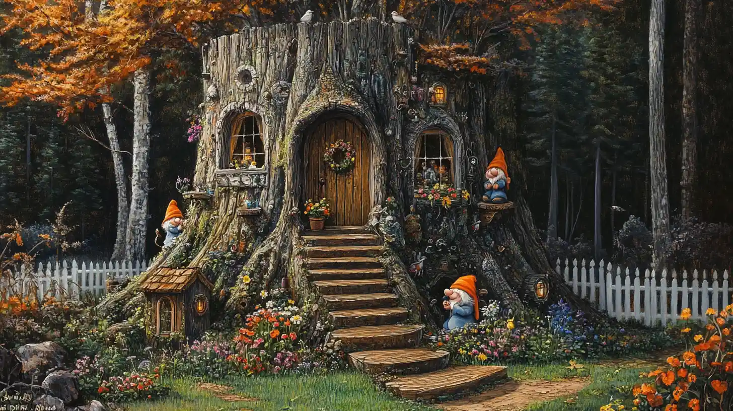 Renaissance-Gemälde eines riesigen Baumstumpf-Wichtelhauses im Wald