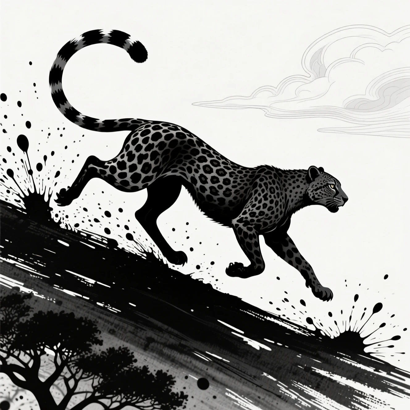 Guépard à l’encre dévalant un arbre en diagonale en monochrome