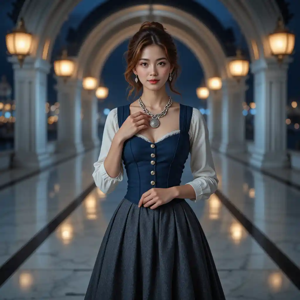 Young harbor woman on a marble runway under warm lantern light