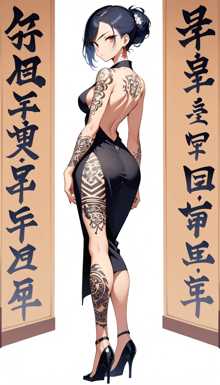 Tattooed woman standing in heels facing the camera