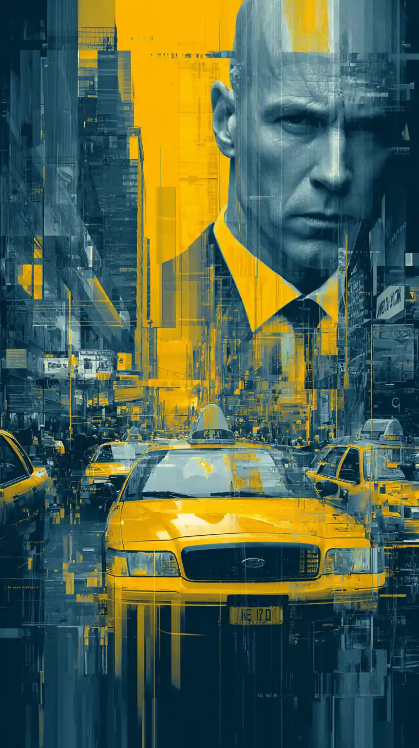 Futuristic New York street with yellow taxi and police
