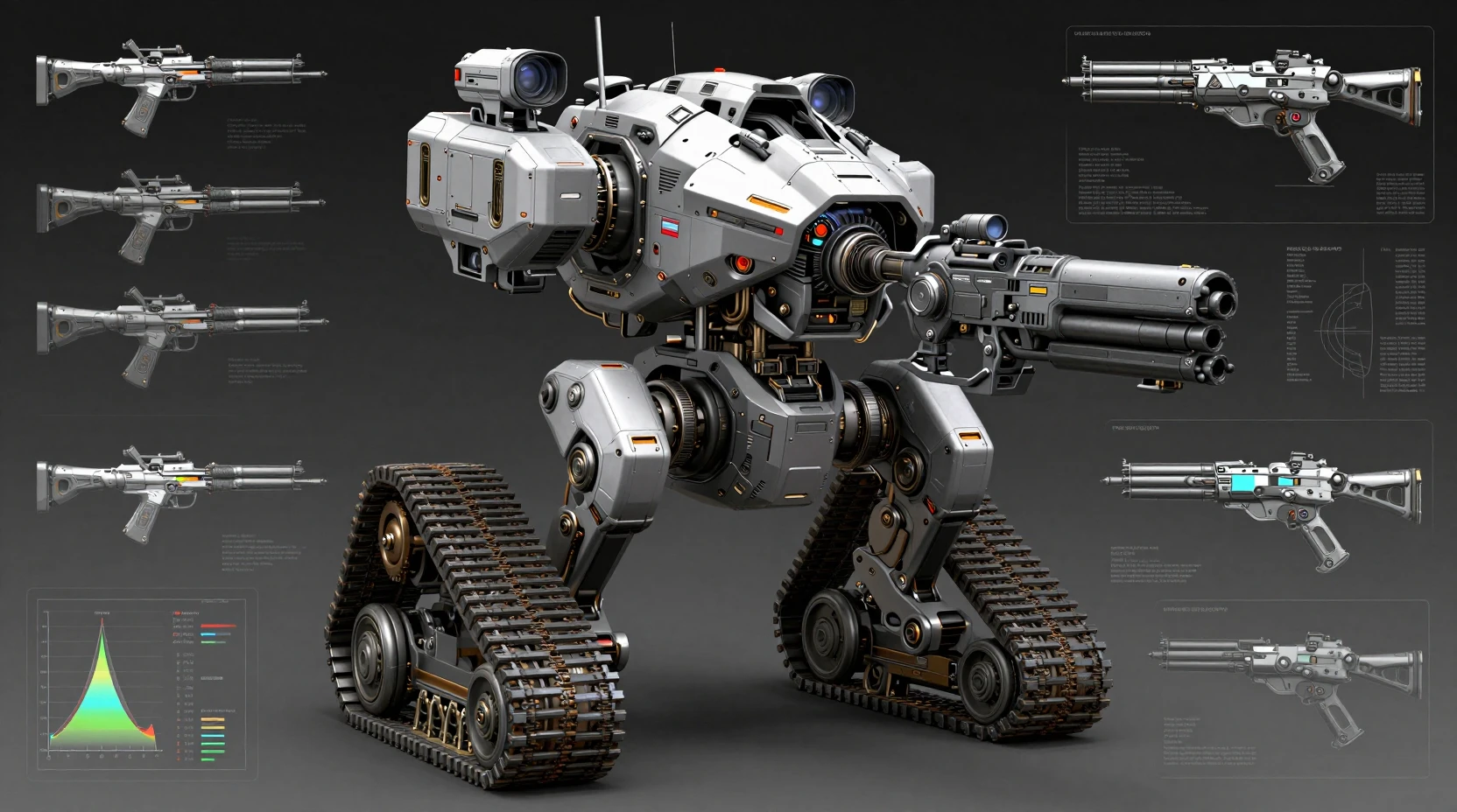 Futuristic urban warfare mech with technical data overlays