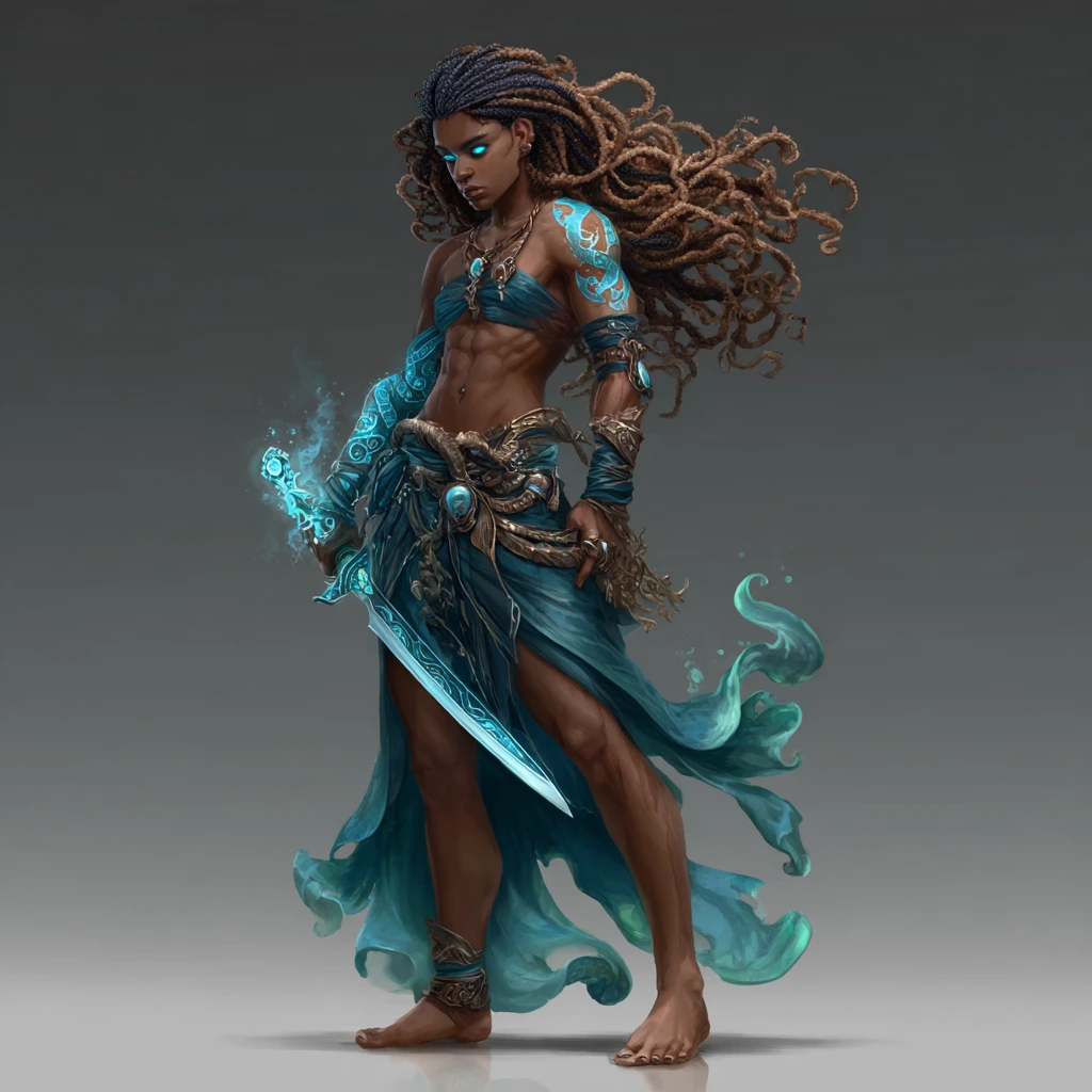 Dark ocean warlock woman with jeweled dagger and blue eyes