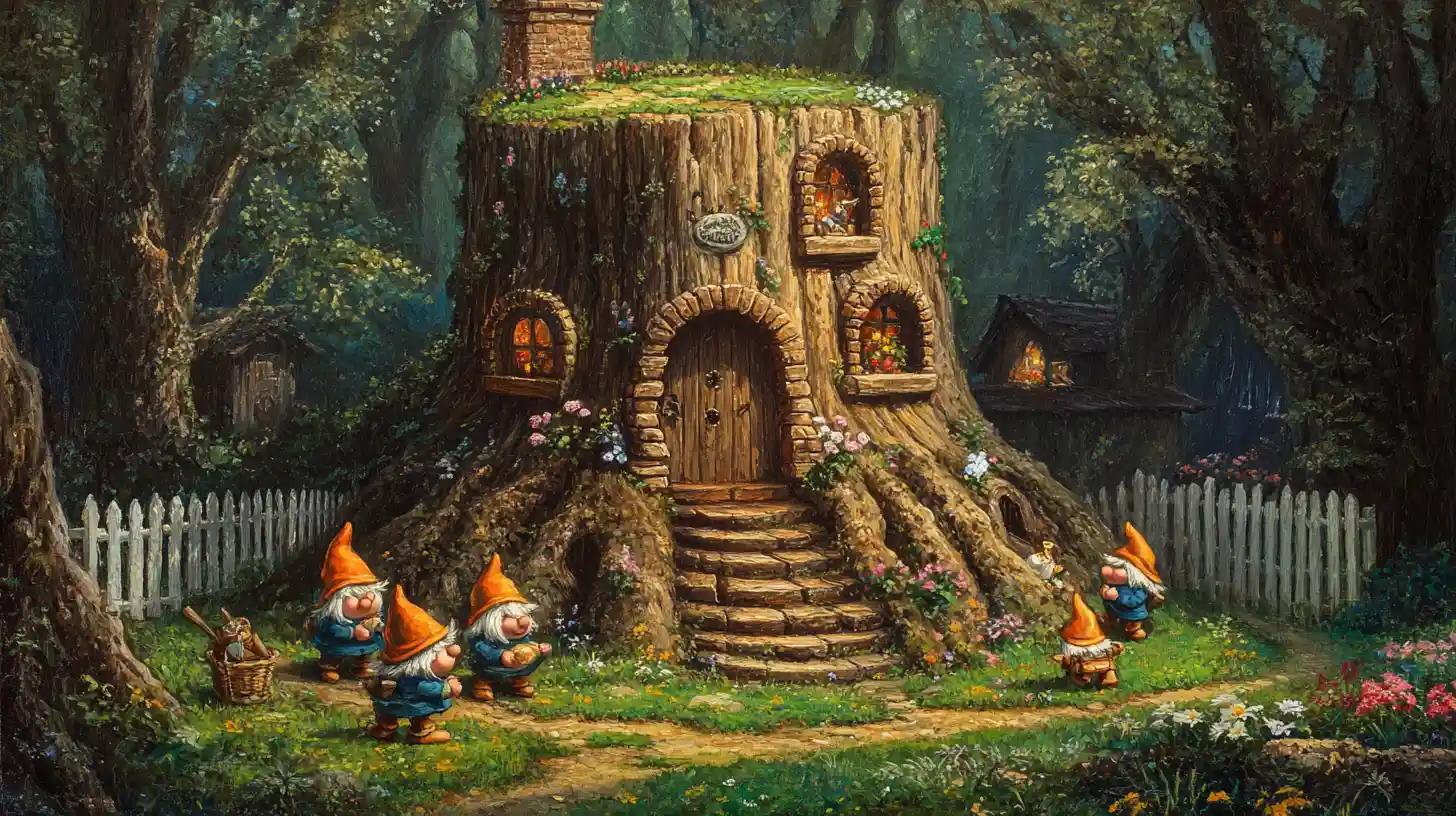 Gnomen-Baumhaus in einen riesigen Baumstumpf im Wald geschnitzt