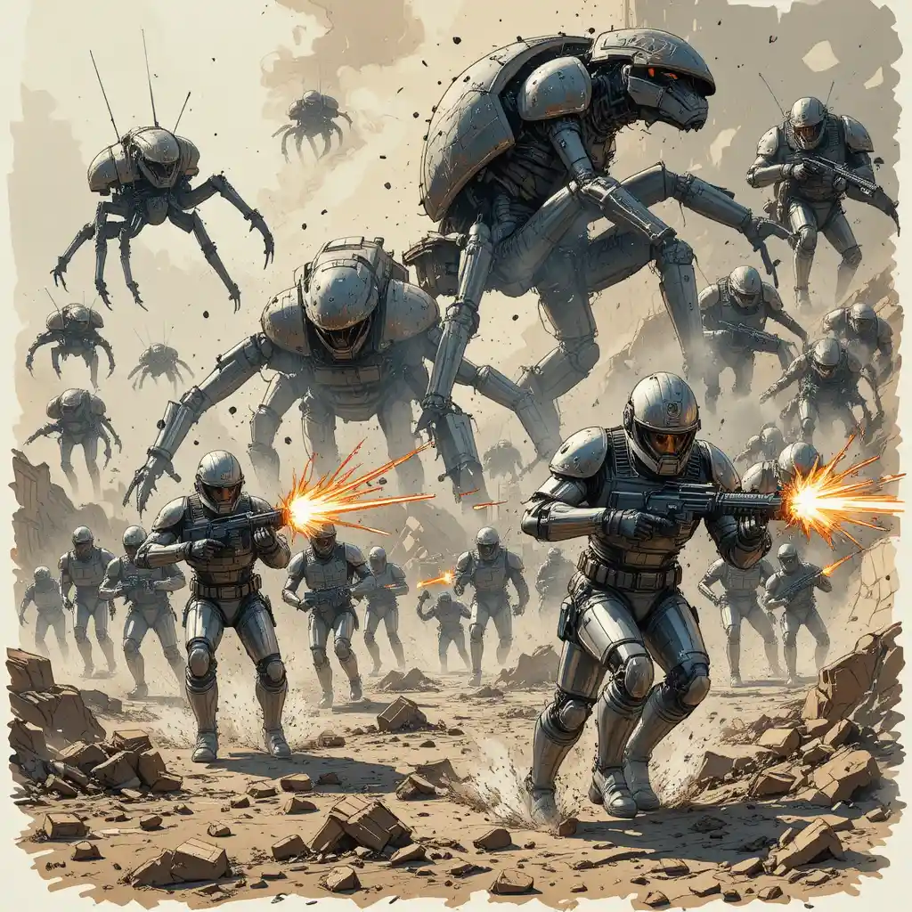Armored soldiers battling towering alien insects in chaos