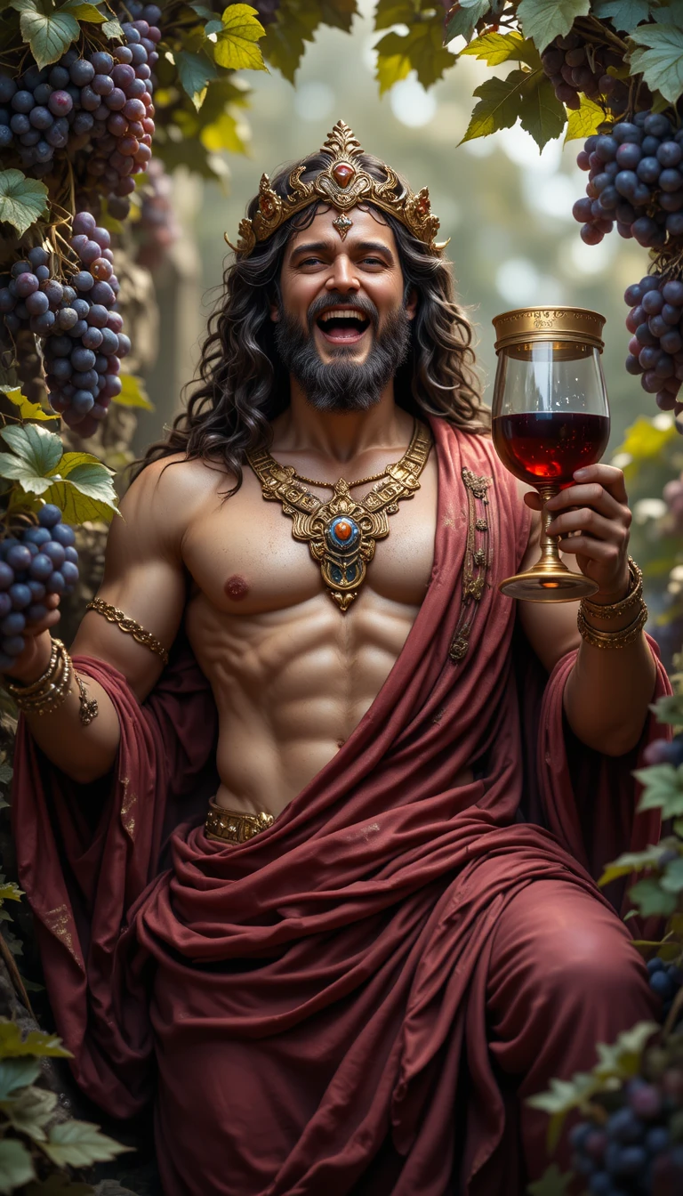 Joyful wine god holding a goblet among lush vines