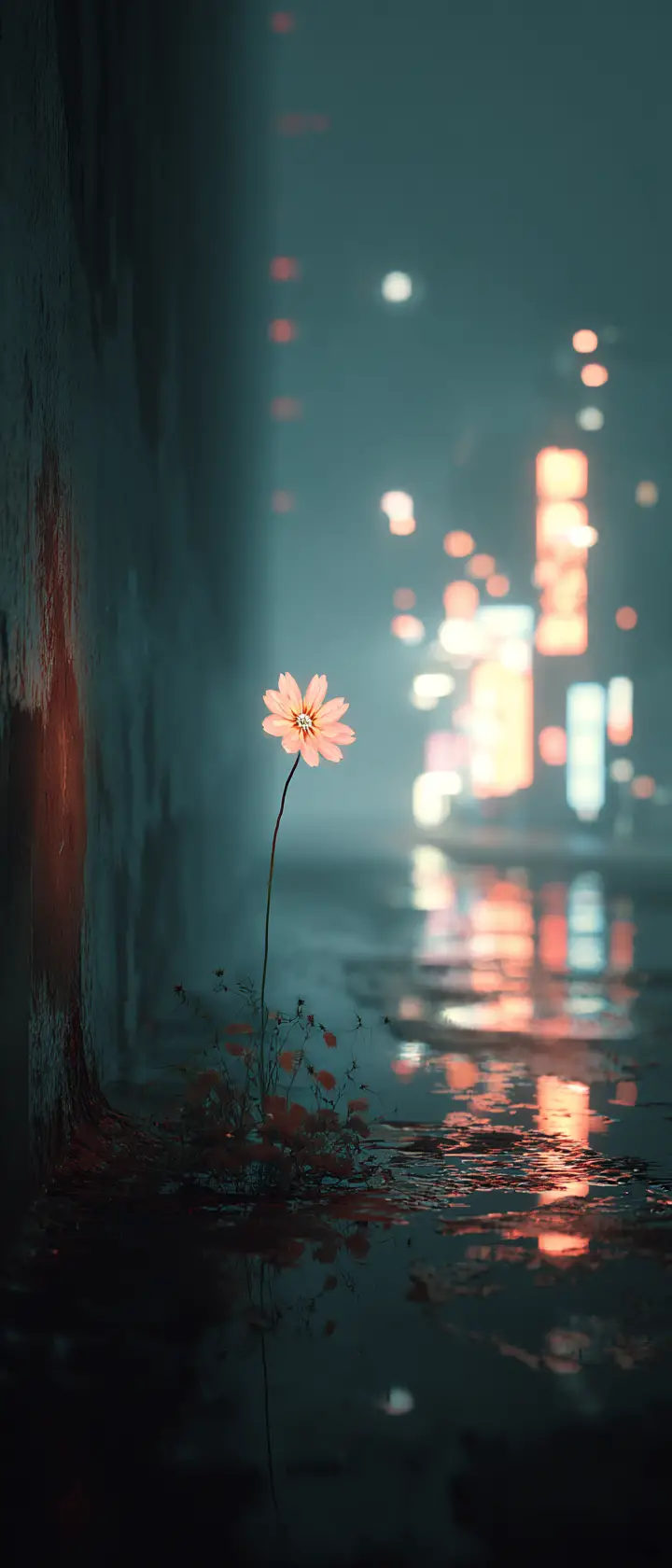 Lone flower emerging through cracks in a neon city street