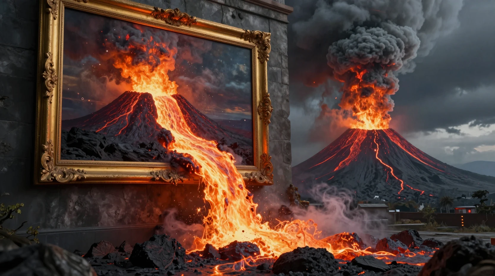 黄金の額縁の壁画から噴き出す火山の溶岩