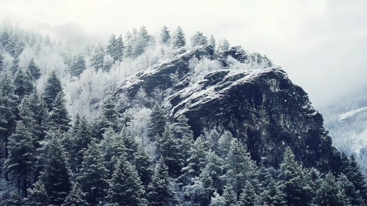 Snowy mountain landscape under a pale winter sky