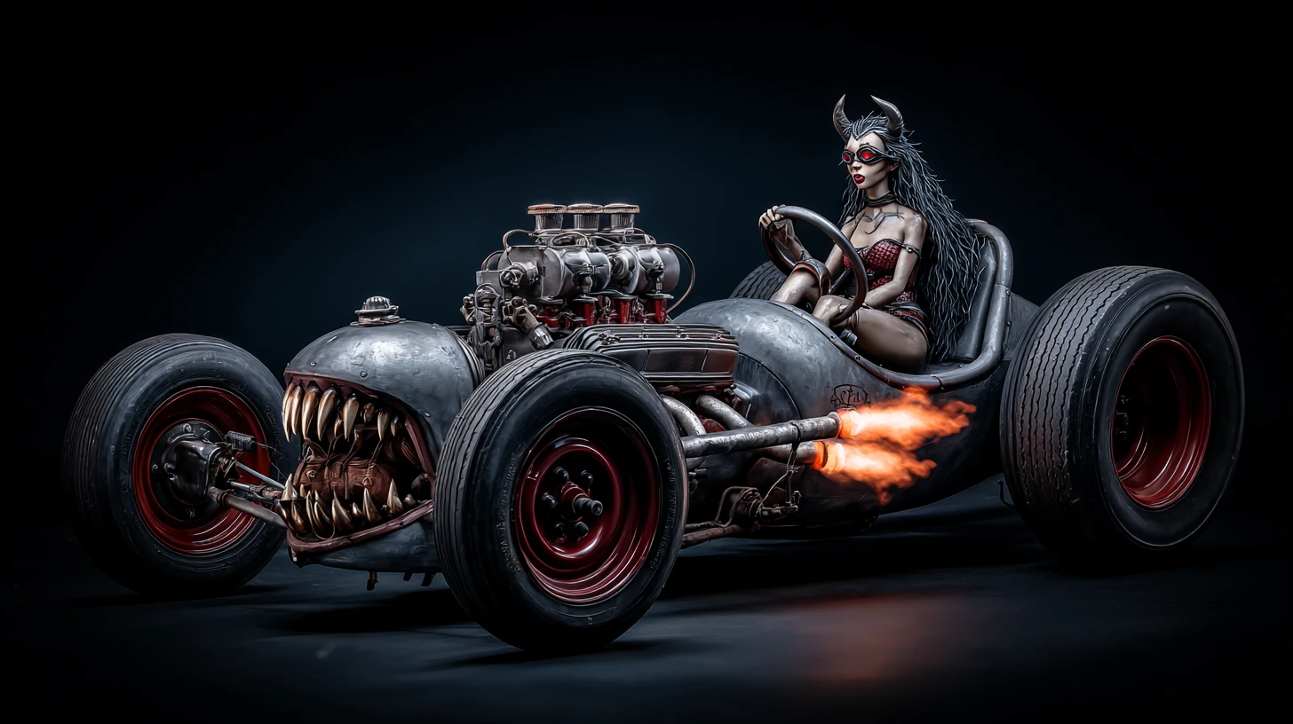 Possessed V8 hot rod engine with demonic driver