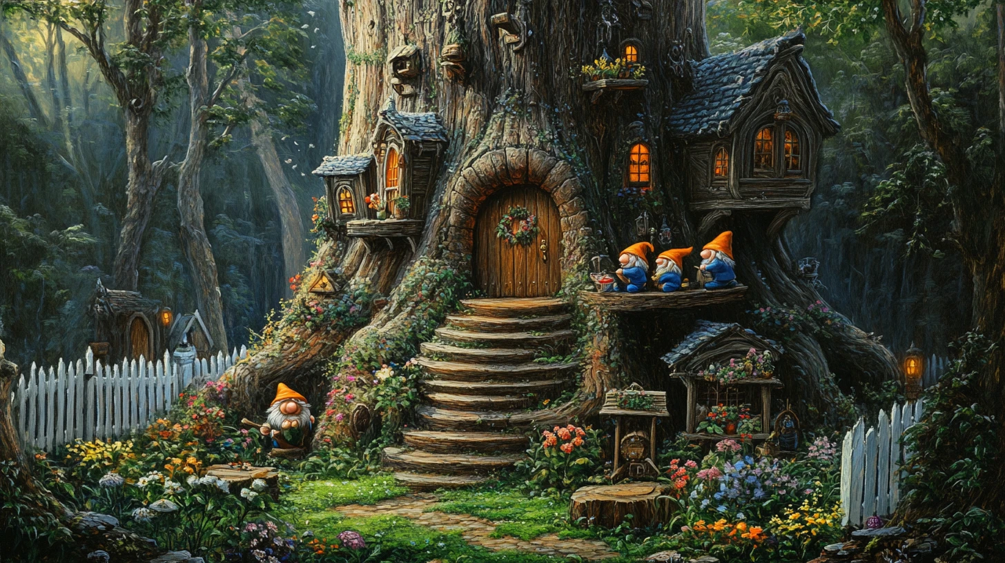 Renaissance-Gemälde eines Gnomen-Baumhauses in einem tiefen Wald