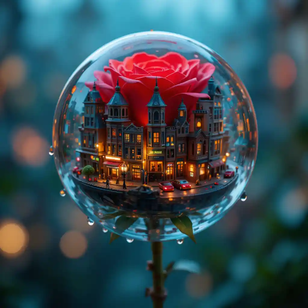 Macro rose with a tiny glowing city inside a water droplet