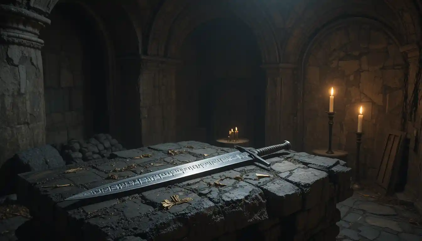 Ancient two handed sword resting on stone slab in tomb