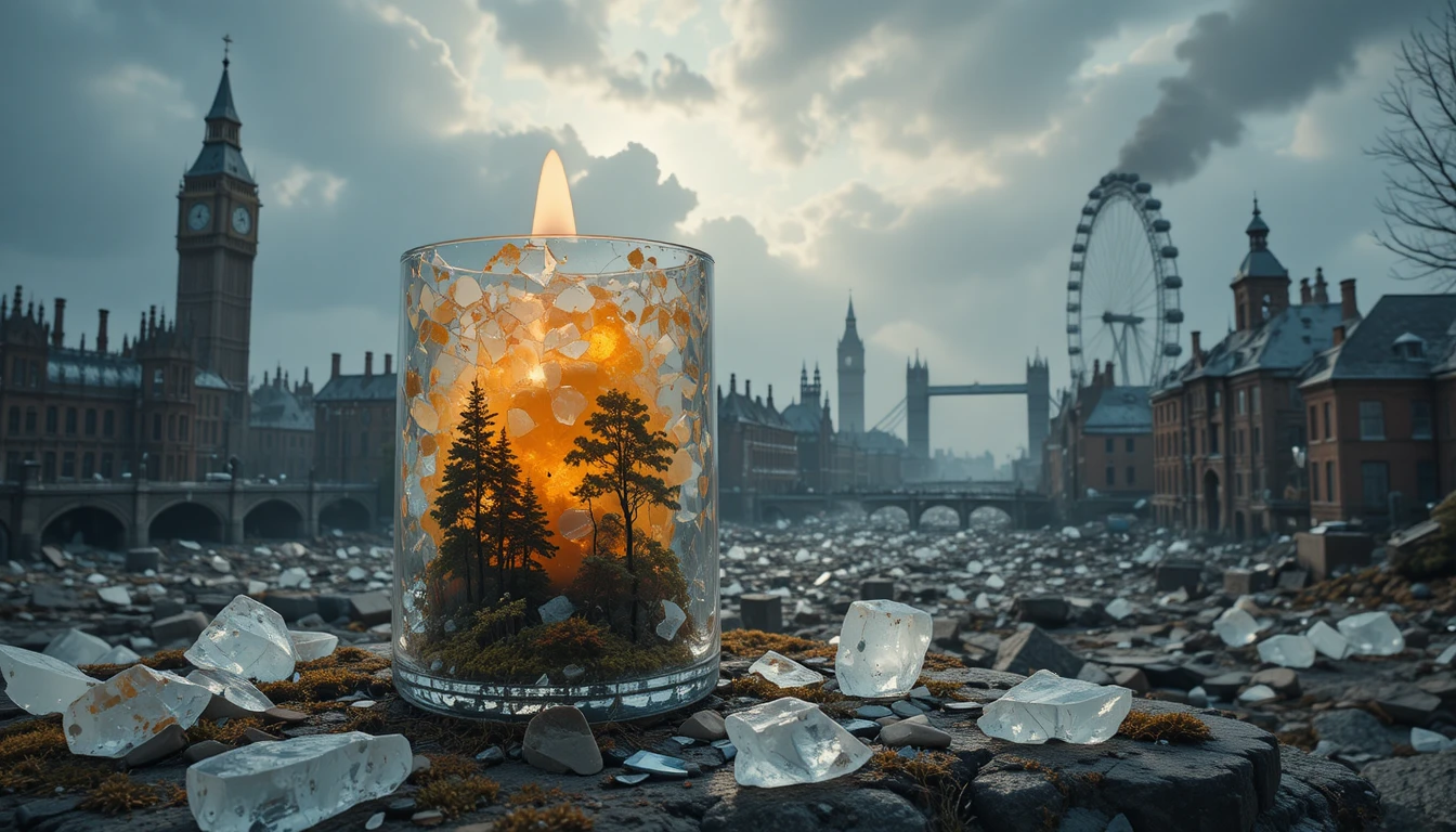 Bougie surréaliste avec paysage cosmique à l’intérieur sur granit glacé