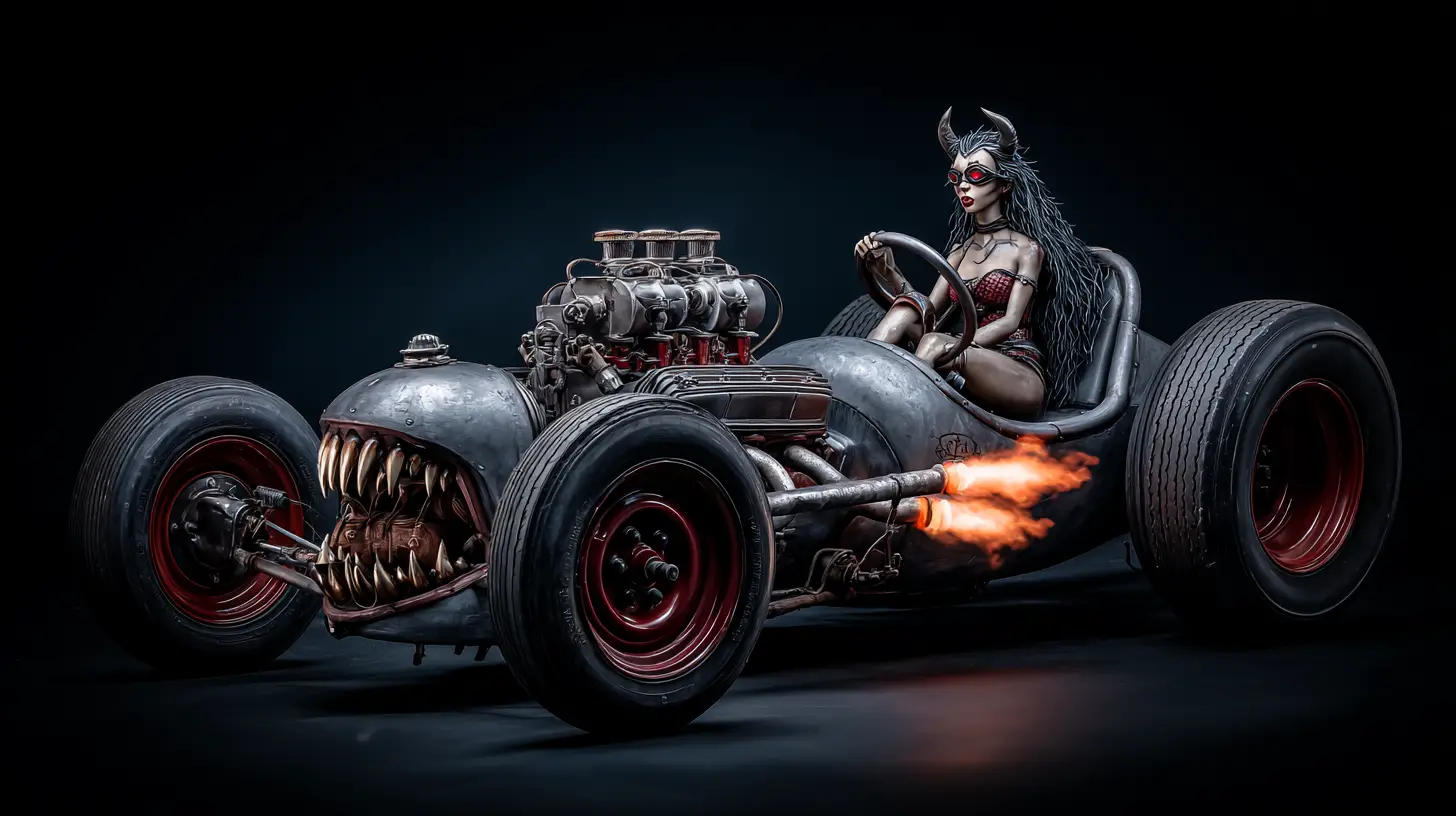 Possessed V8 hot rod engine with demonic driver