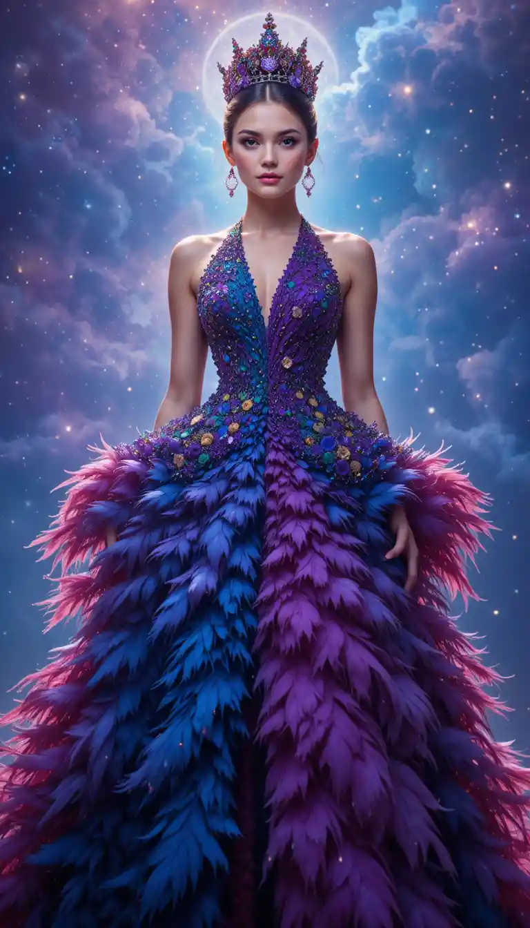 Reine de la mode en couture de plumes sous un ciel étoilé