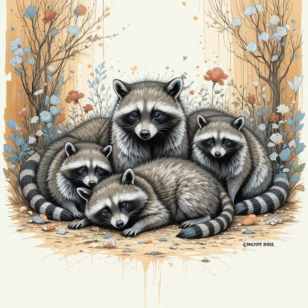 Disegno di una famiglia di procioni con sfondo astratto e colorato